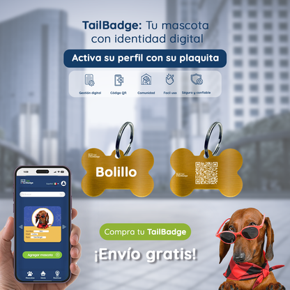 PLACA PARA MASCOTA CON FORMA DE HUESO (ALUMINIO)