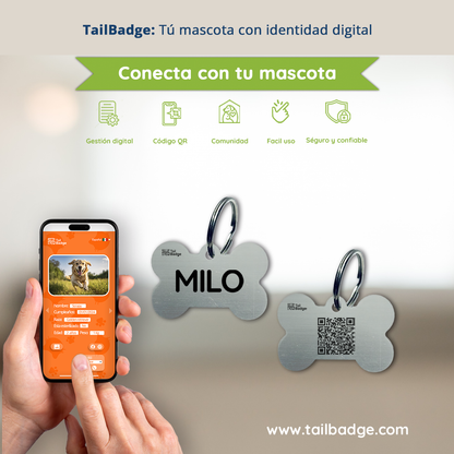 PLACA PARA MASCOTA CON FORMA DE HUESO (ALUMINIO)