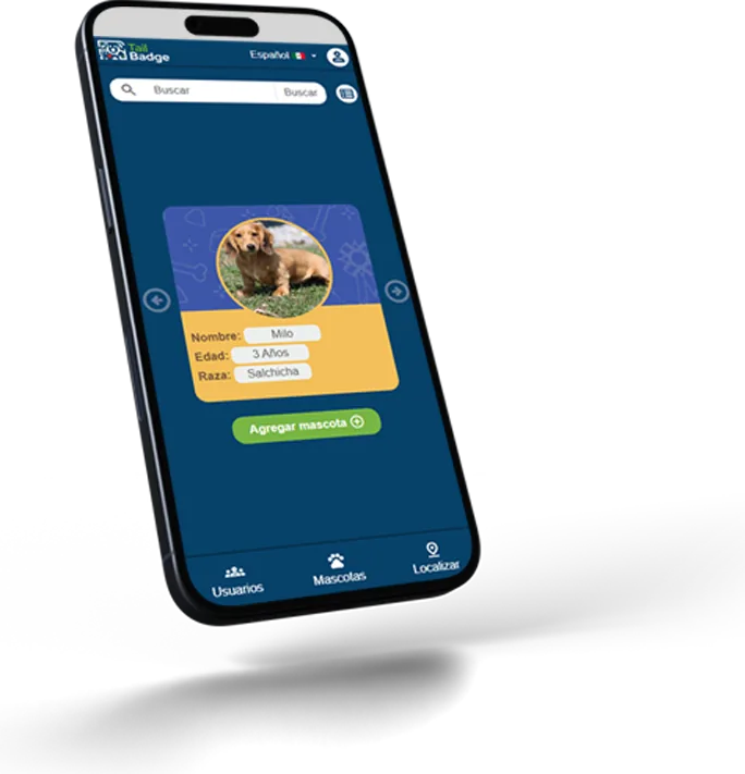 La app de TailBadge en un teléfono, con el perfil de una mascota